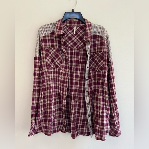 Free People Two-Tone Plaid Flannel Button Down, Raspberry Red & Light Grey, S - Picture 3 of 9